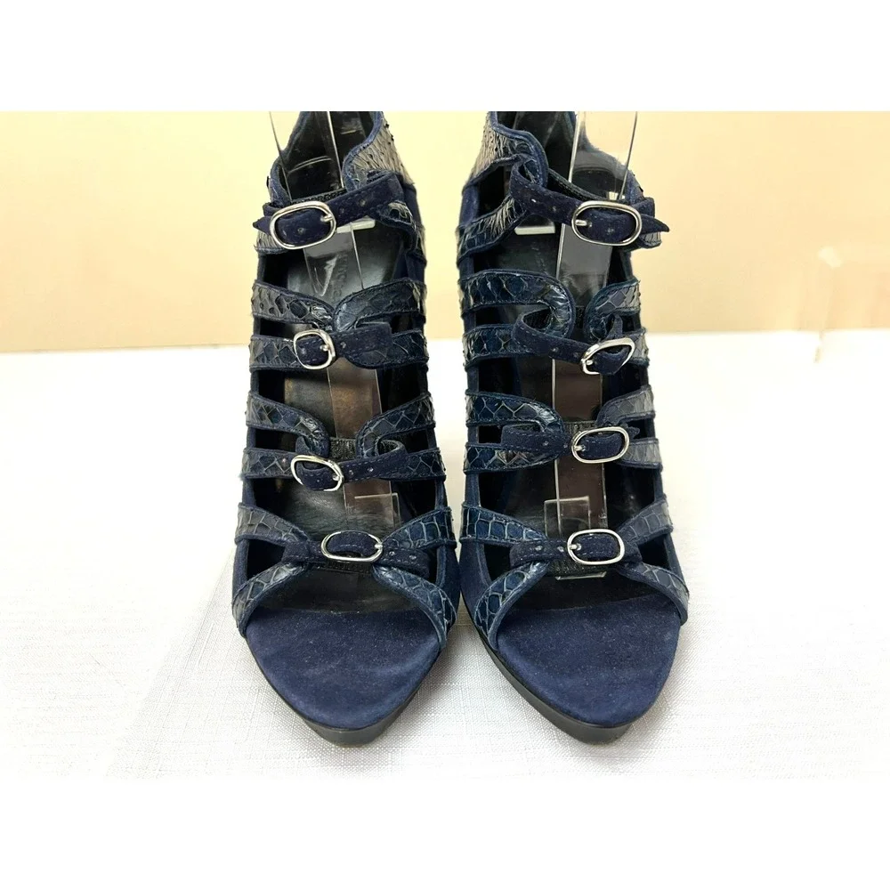 Balenciaga Stilletto Cage Heels Navy Blue Python + Suede Leather Pointed SZ 38/8